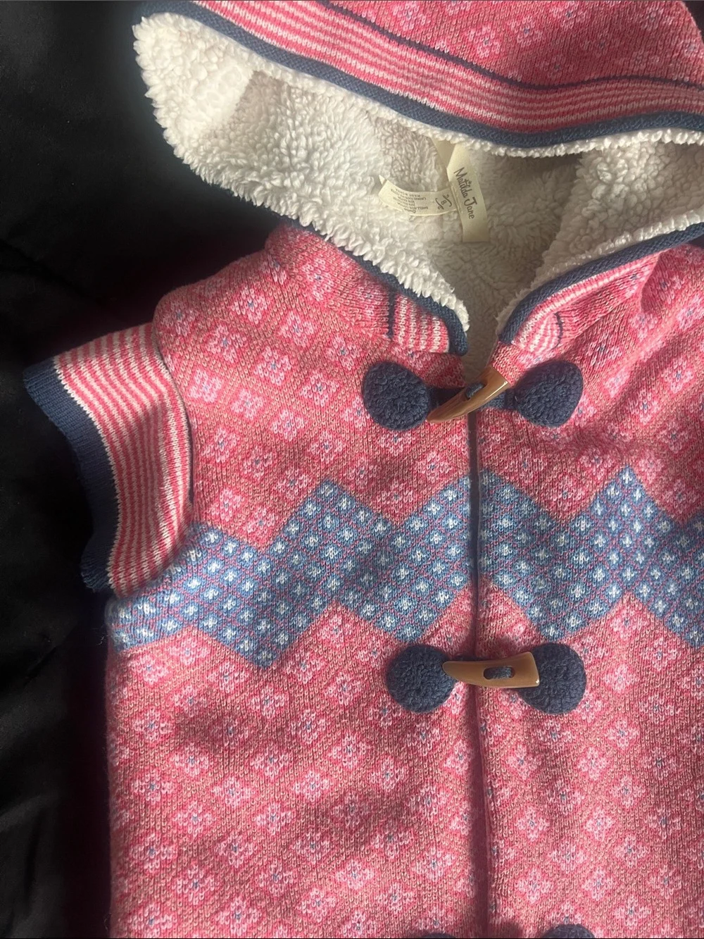 Matilda Jane Pink Fair Isle Hooded Vest with Navy Trim